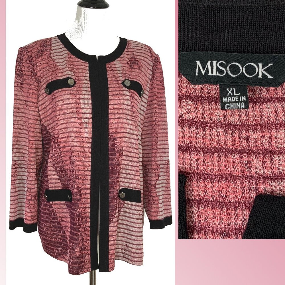 Misook Open Front Hook Closure Mauve & Black Trim Knit Jacket Sz XL